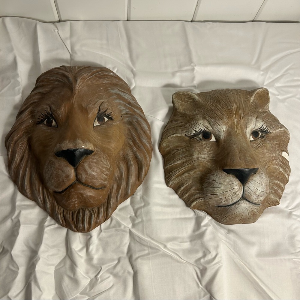 Vintage lion lioness art SET face head figure 3D brown cat mask wall art MCM 70s